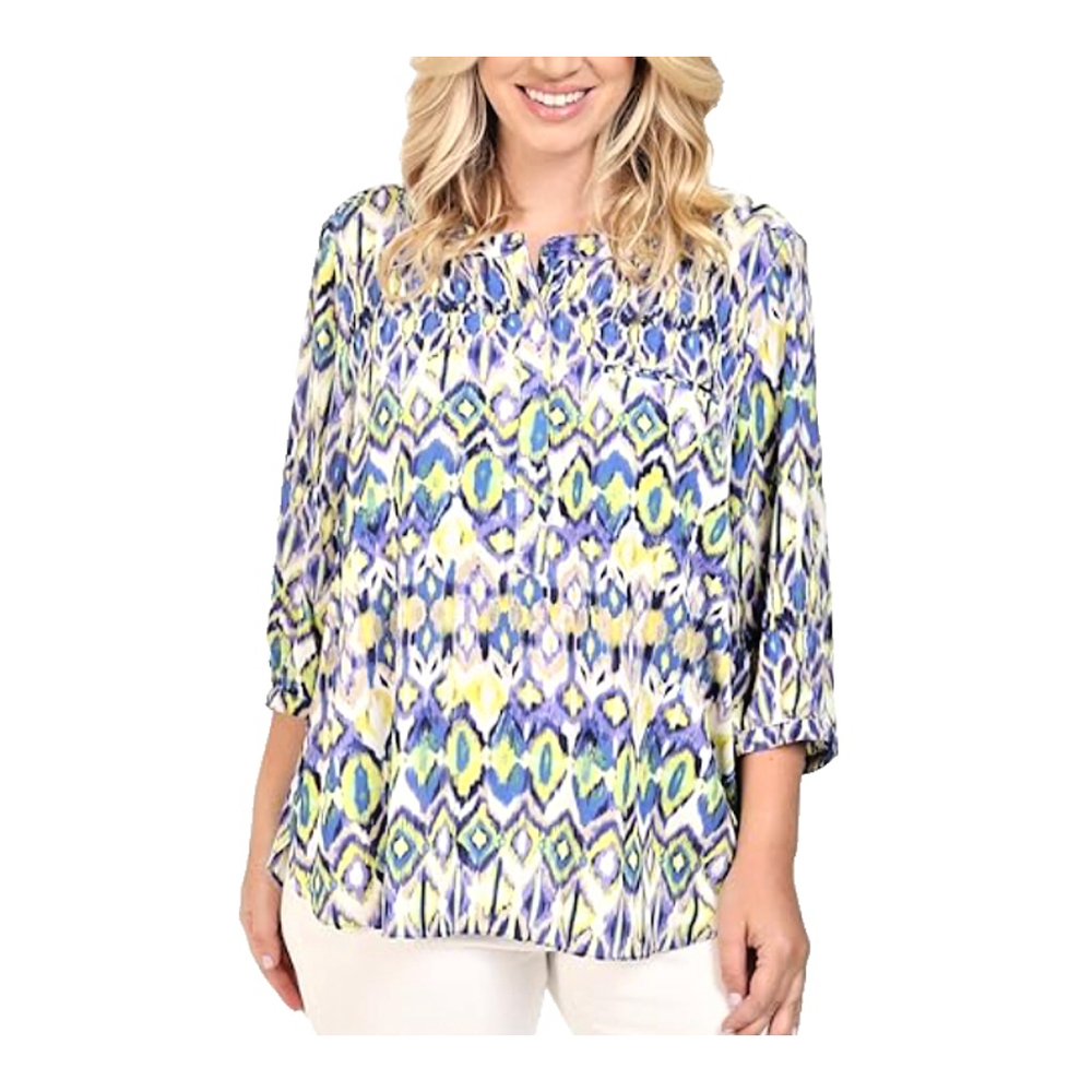 NYDJ Women's Blue Green Geometric Print 3/4 Sleeve Blouse Size Medium